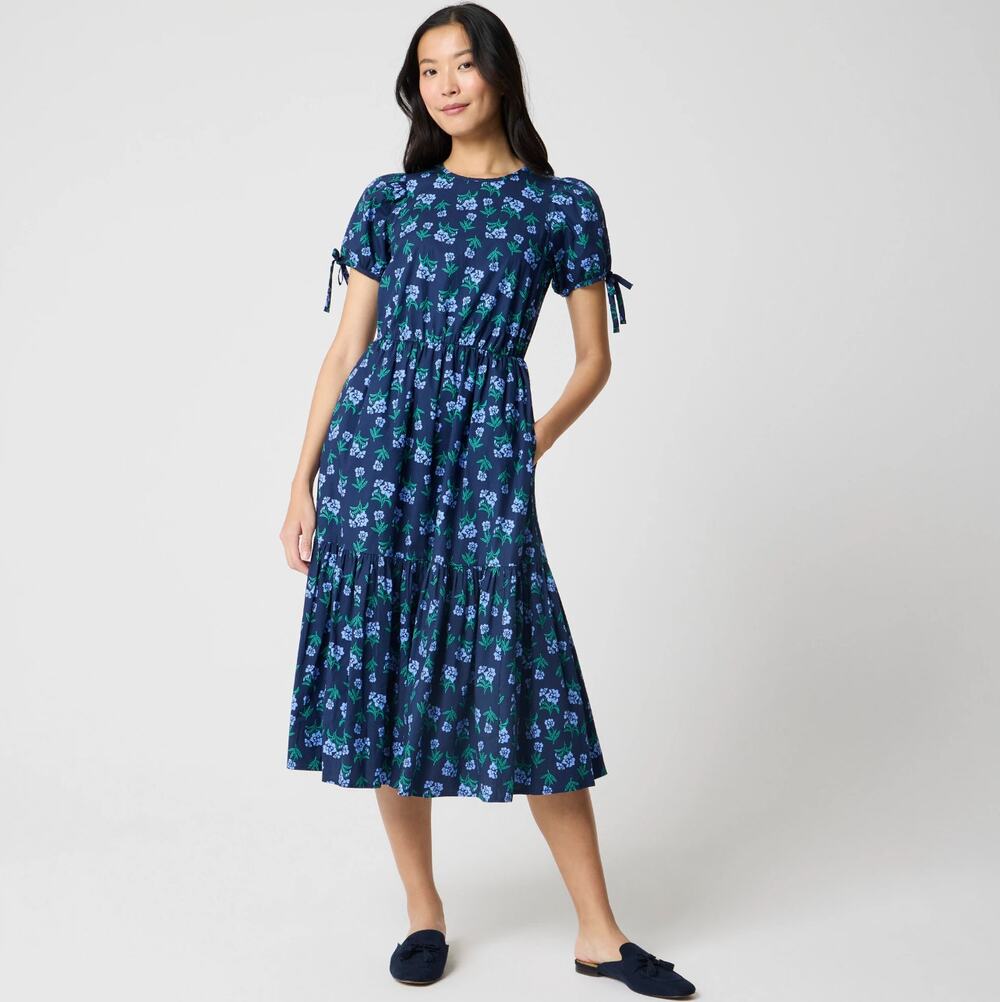 J. CREW 2026 Tie Sleeve Midi Dress Antique Navy Blue Floral Sz 14 $158 {3K40}